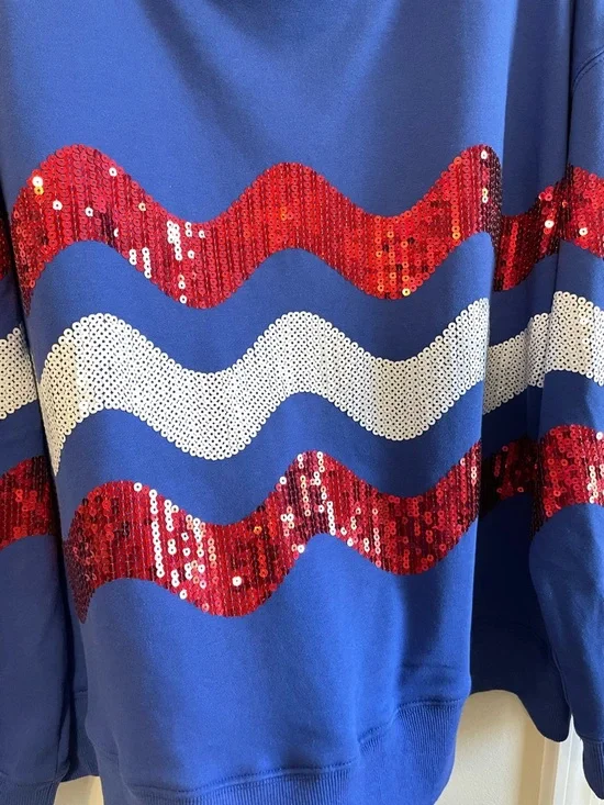 Fantastic Fawn Blue Sweatshirt w/Red and White Sequin Waves, Size L - Picture 2 of 8